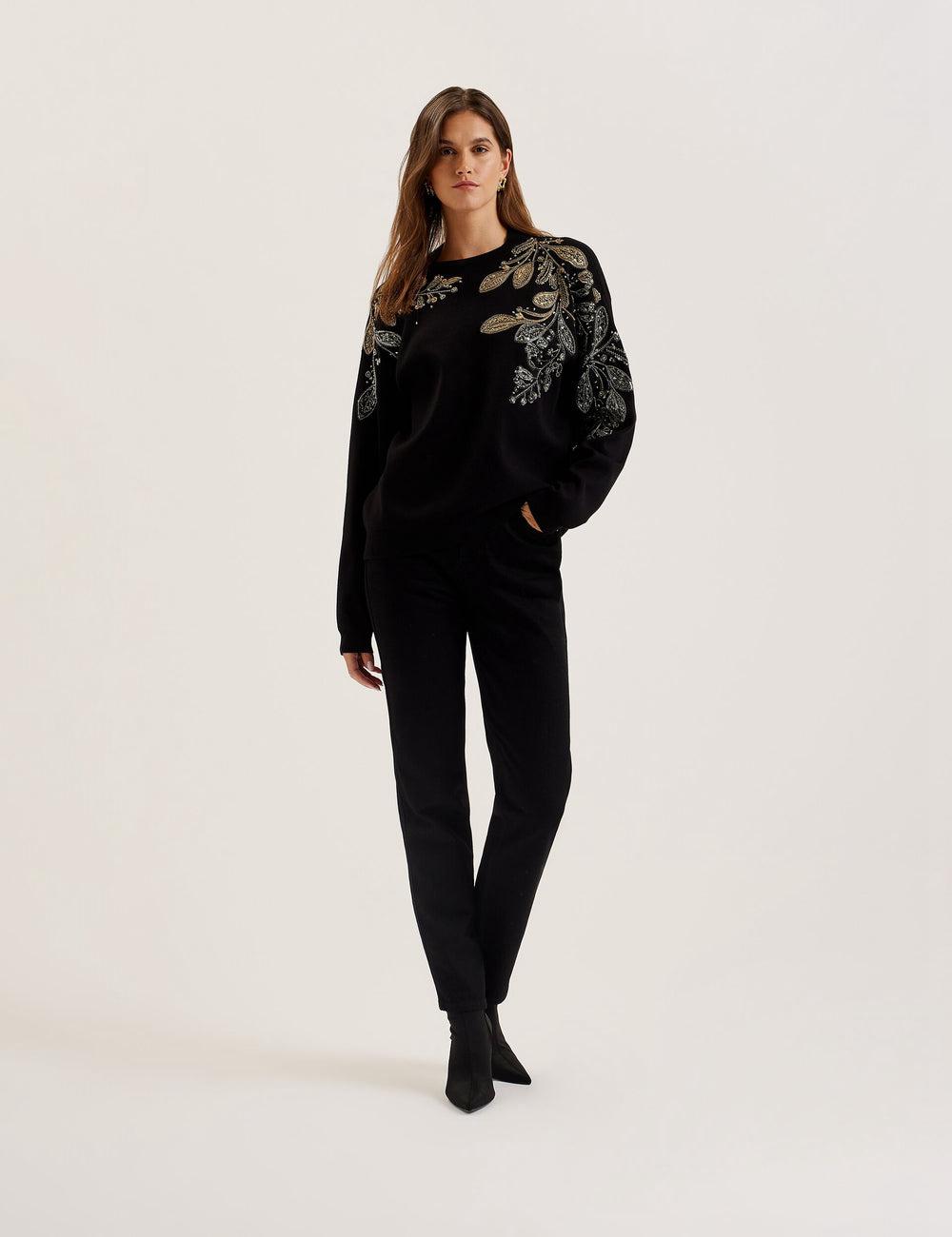 Women Ted Baker ROSMRRY - Embellished Floral Detail Knitted Jumpers Black | India  GNBR-91263
