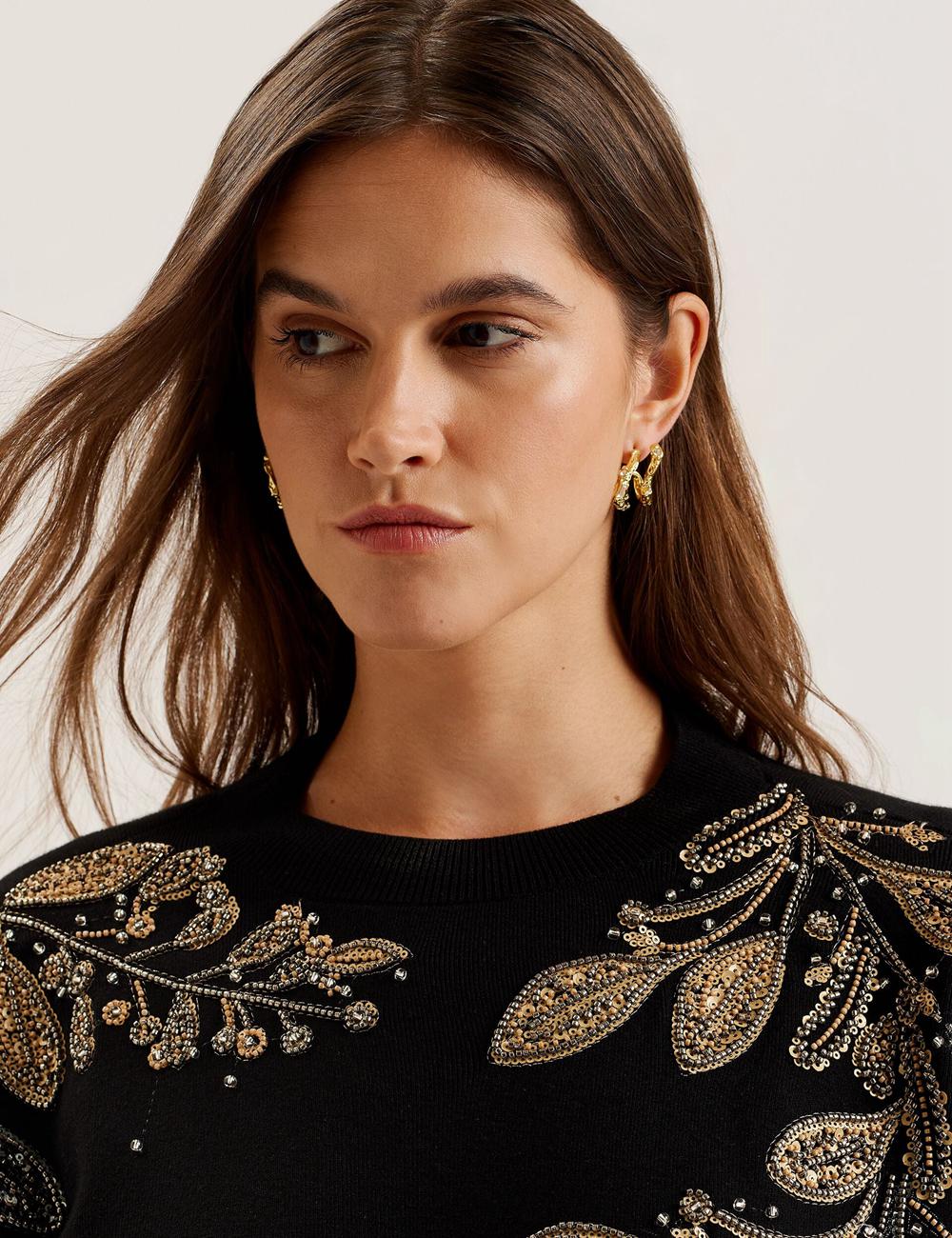 Women Ted Baker ROSMRRY - Embellished Floral Detail Knitted Jumpers Black | India  GNBR-91263
