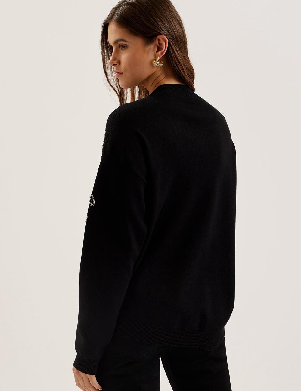 Women Ted Baker ROSMRRY - Embellished Floral Detail Knitted Jumpers Black | India  GNBR-91263