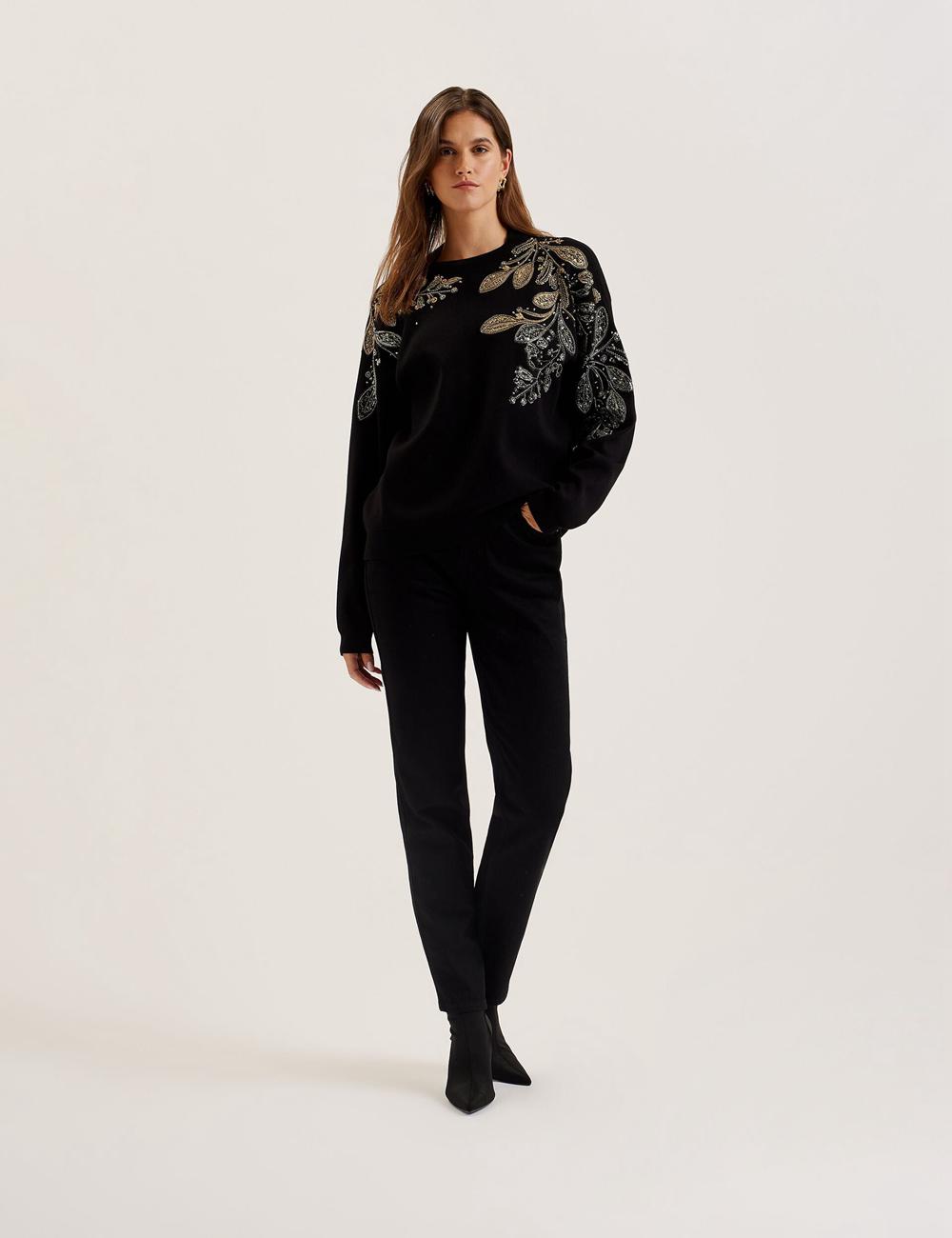 Women Ted Baker ROSMRRY - Embellished Floral Detail Knitted Jumpers Black | India  GNBR-91263