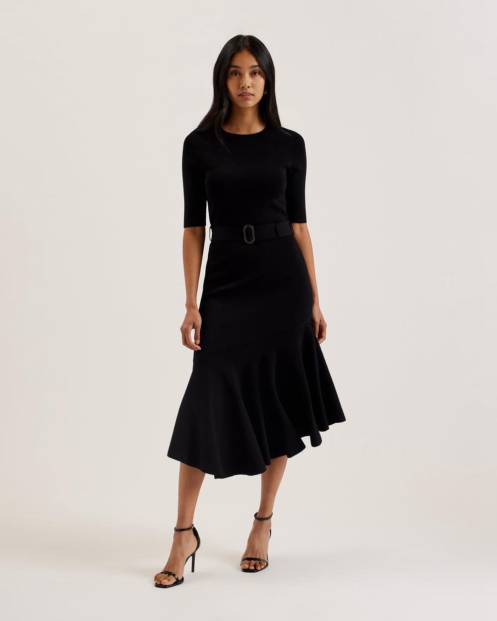Women Ted Baker SAMALEE - Flippy Hem Knitted Midi Dresses Black | India  XZMH-82341