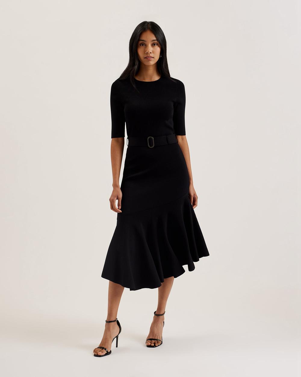 Women Ted Baker SAMALEE - Flippy Hem Knitted Midi Dresses Black | India  XZMH-82341