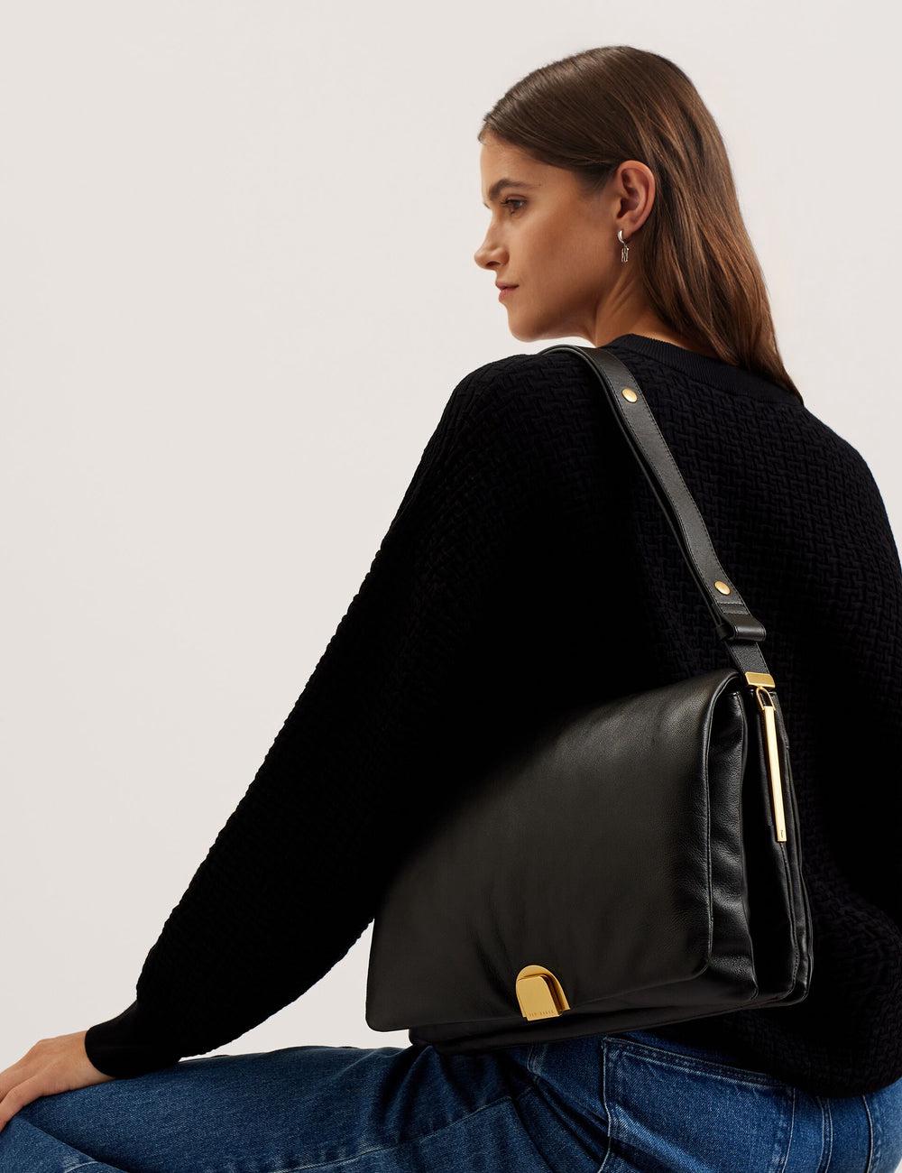 Women Ted Baker SAMILLA - Large Puffy Leather With Lock Shoulder Bags Black | India  QKDM-90176