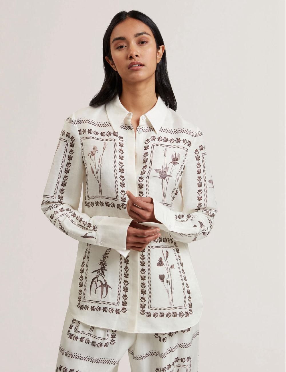 Women Ted Baker SIMCOA - Panel Print Silk Linen Longline Casual Shirts Ivory | India  KQBA-20453