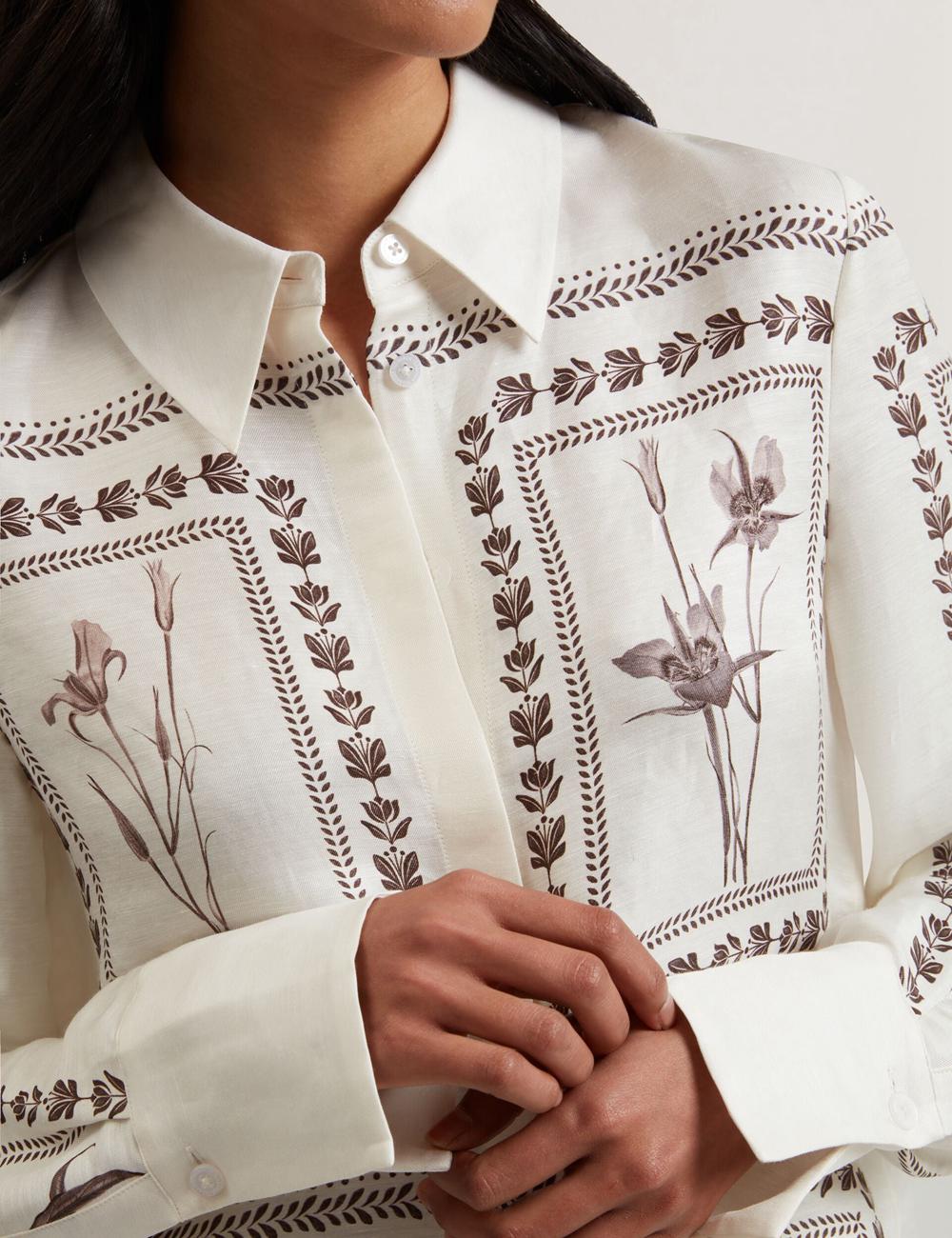 Women Ted Baker SIMCOA - Panel Print Silk Linen Longline Casual Shirts Ivory | India  KQBA-20453