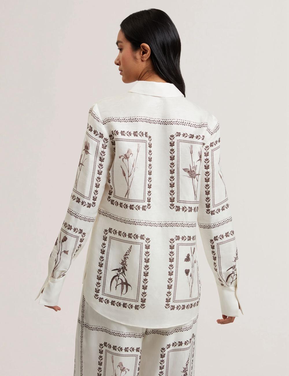 Women Ted Baker SIMCOA - Panel Print Silk Linen Longline Casual Shirts Ivory | India  KQBA-20453