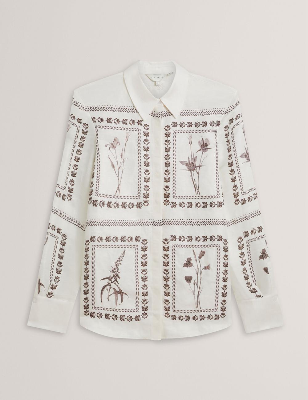 Women Ted Baker SIMCOA - Panel Print Silk Linen Longline Casual Shirts Ivory | India  KQBA-20453