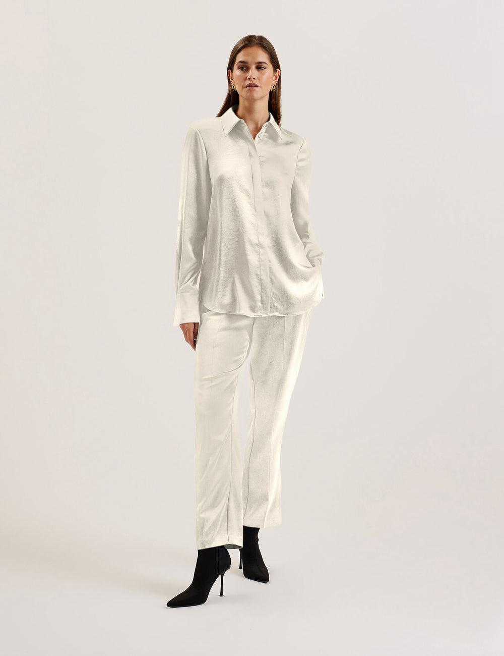 Women Ted Baker SONORA - Satin Longline Covered Placket Formal Shirts Ivory | India  OUQP-73586