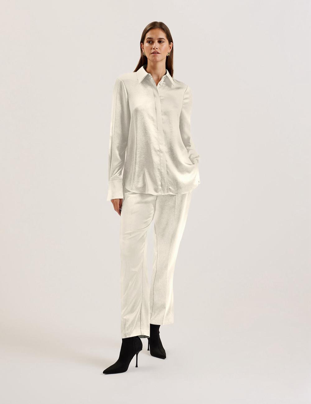 Women Ted Baker SONORA - Satin Longline Covered Placket Formal Shirts Ivory | India  OUQP-73586