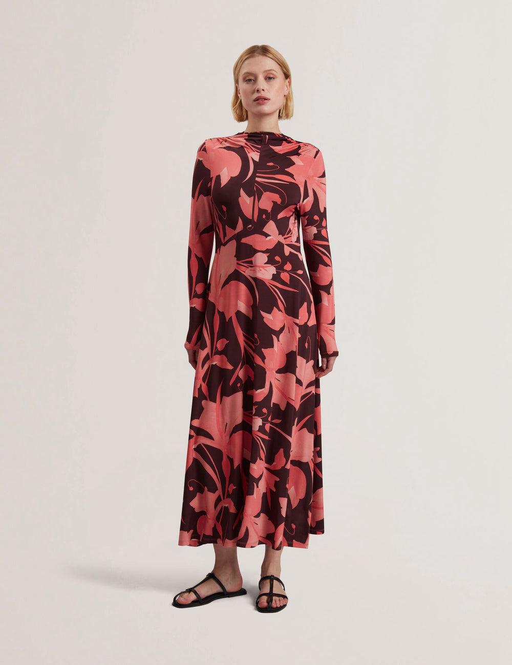 Women Ted Baker STARLAH - Slinky Printed Jersey Long Sleeve Midi Dresses Dk-Brown | India  ITJV-76804