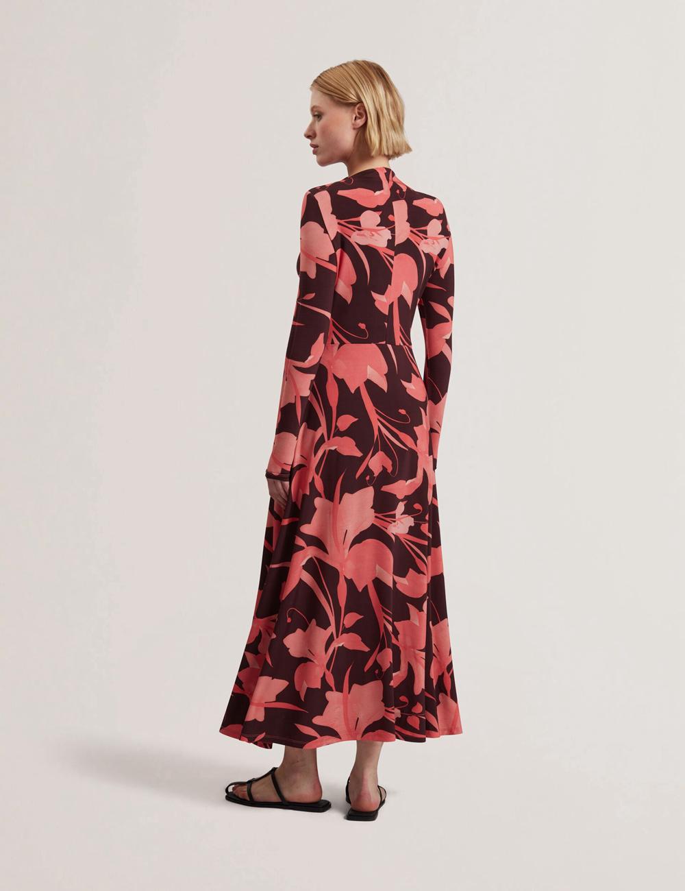 Women Ted Baker STARLAH - Slinky Printed Jersey Long Sleeve Midi Dresses Dk-Brown | India  ITJV-76804