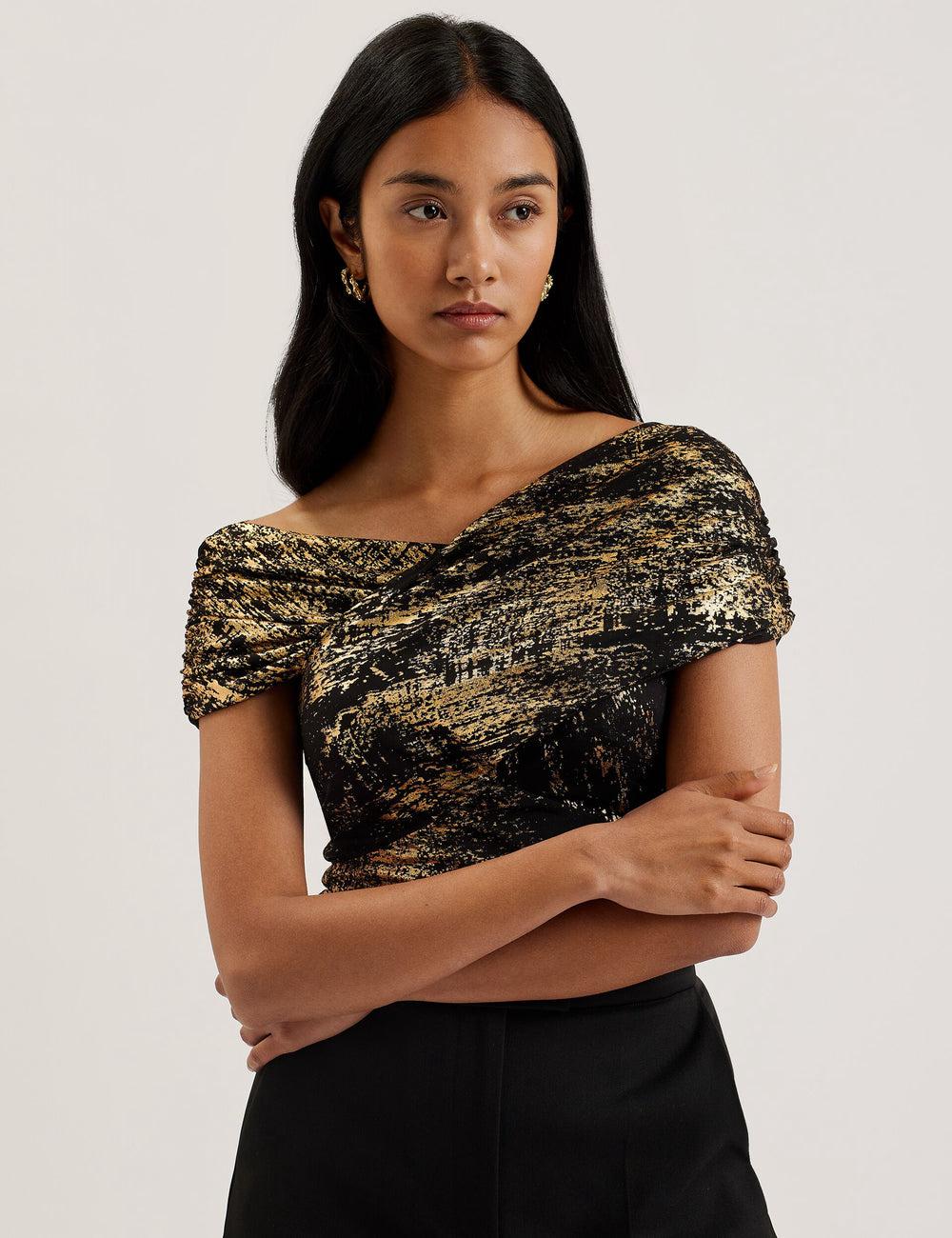 Women Ted Baker TALULAR - Bardot Foil Printed Mesh Tops Black | India  BRIM-06741