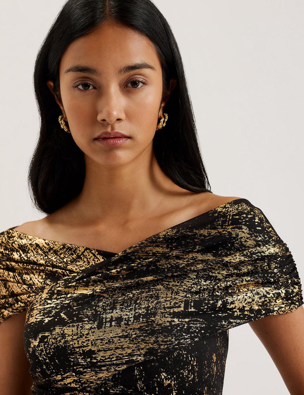 Women Ted Baker TALULAR - Bardot Foil Printed Mesh Tops Black | India  BRIM-06741