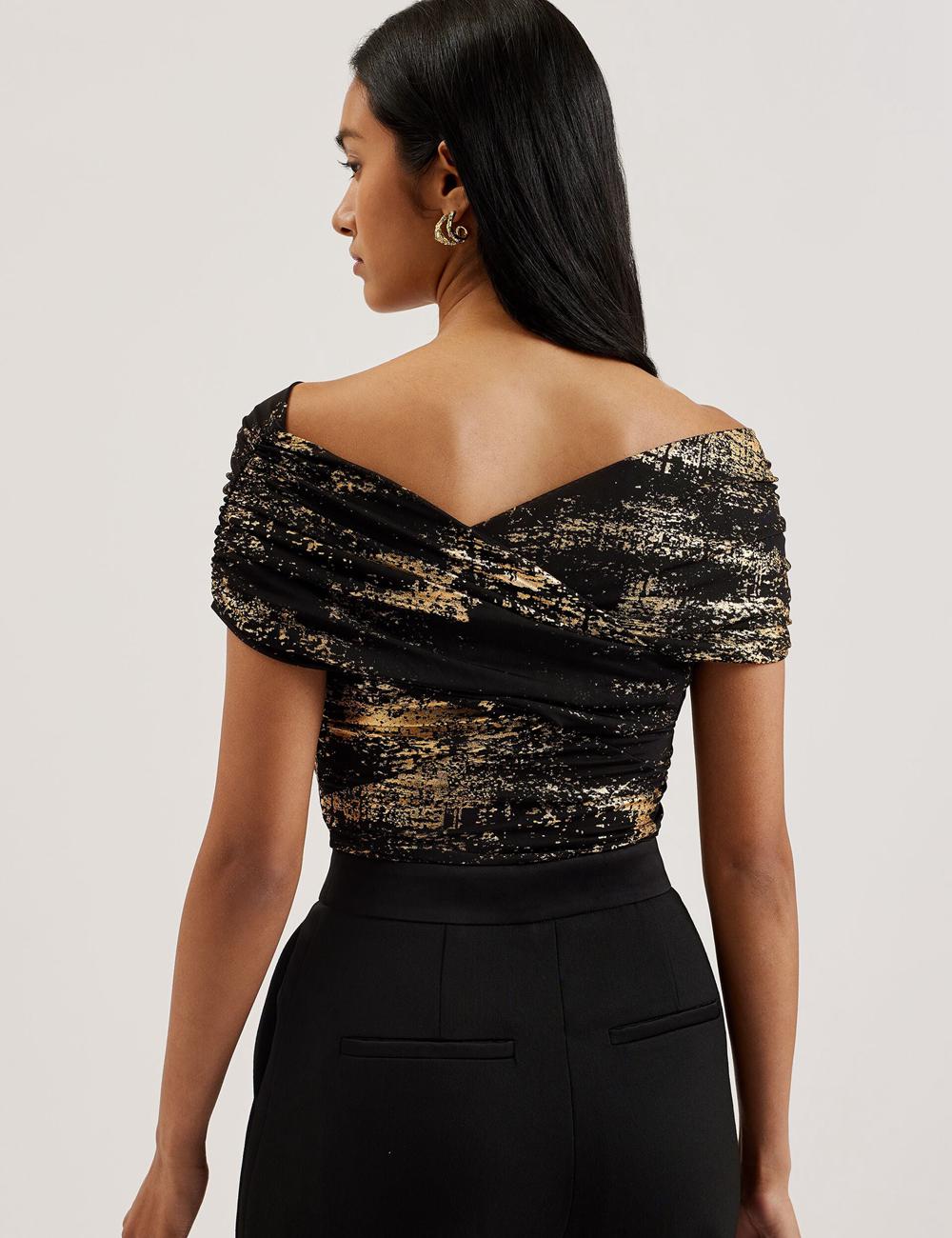 Women Ted Baker TALULAR - Bardot Foil Printed Mesh Tops Black | India  BRIM-06741