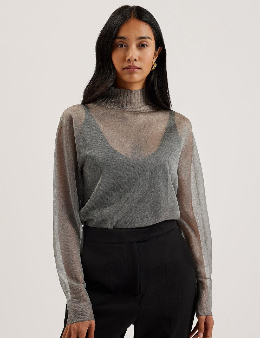 Women Ted Baker TAYLAW - Shimmer Sheer Knit Funnel Neck Top Jumpers Dk-Grey | India  LJMF-76580