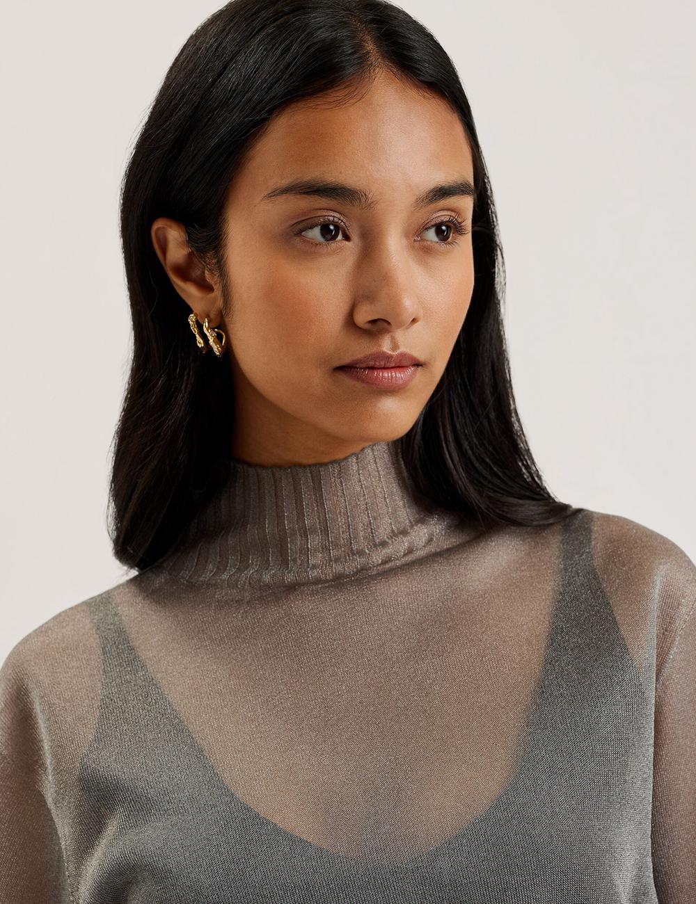 Women Ted Baker TAYLAW - Shimmer Sheer Knit Funnel Neck Top Jumpers Dk-Grey | India  LJMF-76580