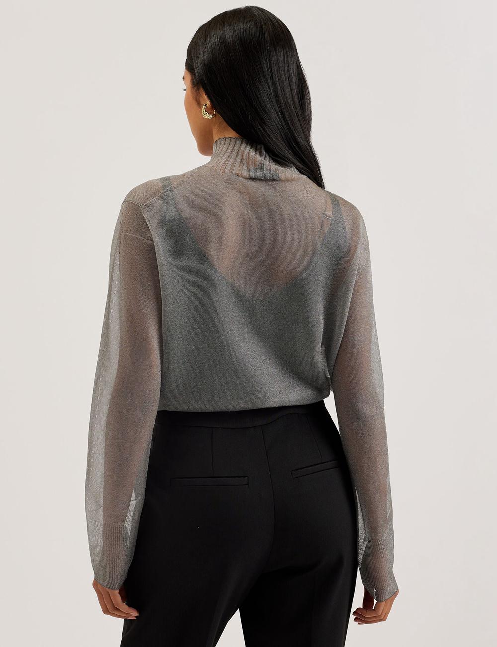 Women Ted Baker TAYLAW - Shimmer Sheer Knit Funnel Neck Top Jumpers Dk-Grey | India  LJMF-76580