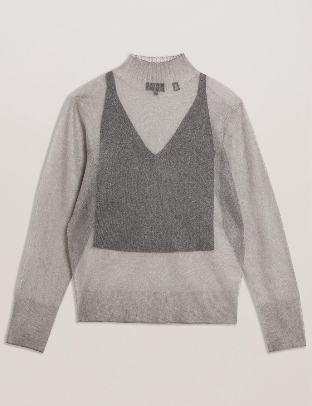 Women Ted Baker TAYLAW - Shimmer Sheer Knit Funnel Neck Top Jumpers Dk-Grey | India  LJMF-76580
