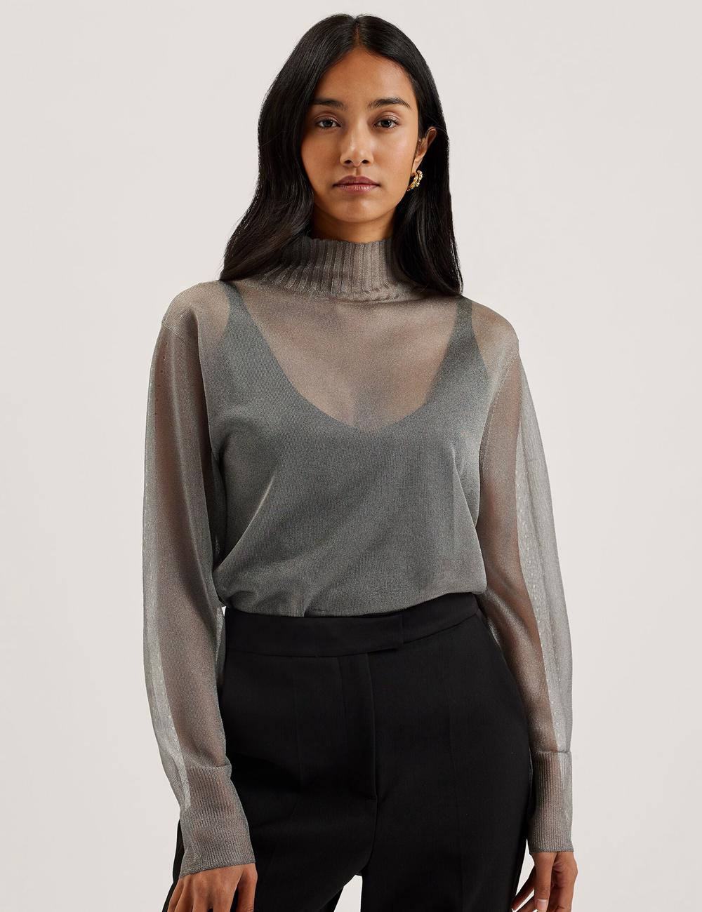 Women Ted Baker TAYLAW - Shimmer Sheer Knit Funnel Neck Top Jumpers Dk-Grey | India  LJMF-76580