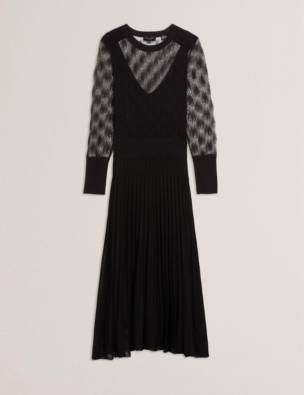 Women Ted Baker TIIMARA - Pointelle Knit Asymmetric Midi Dresses Black | India  BTGD-95087