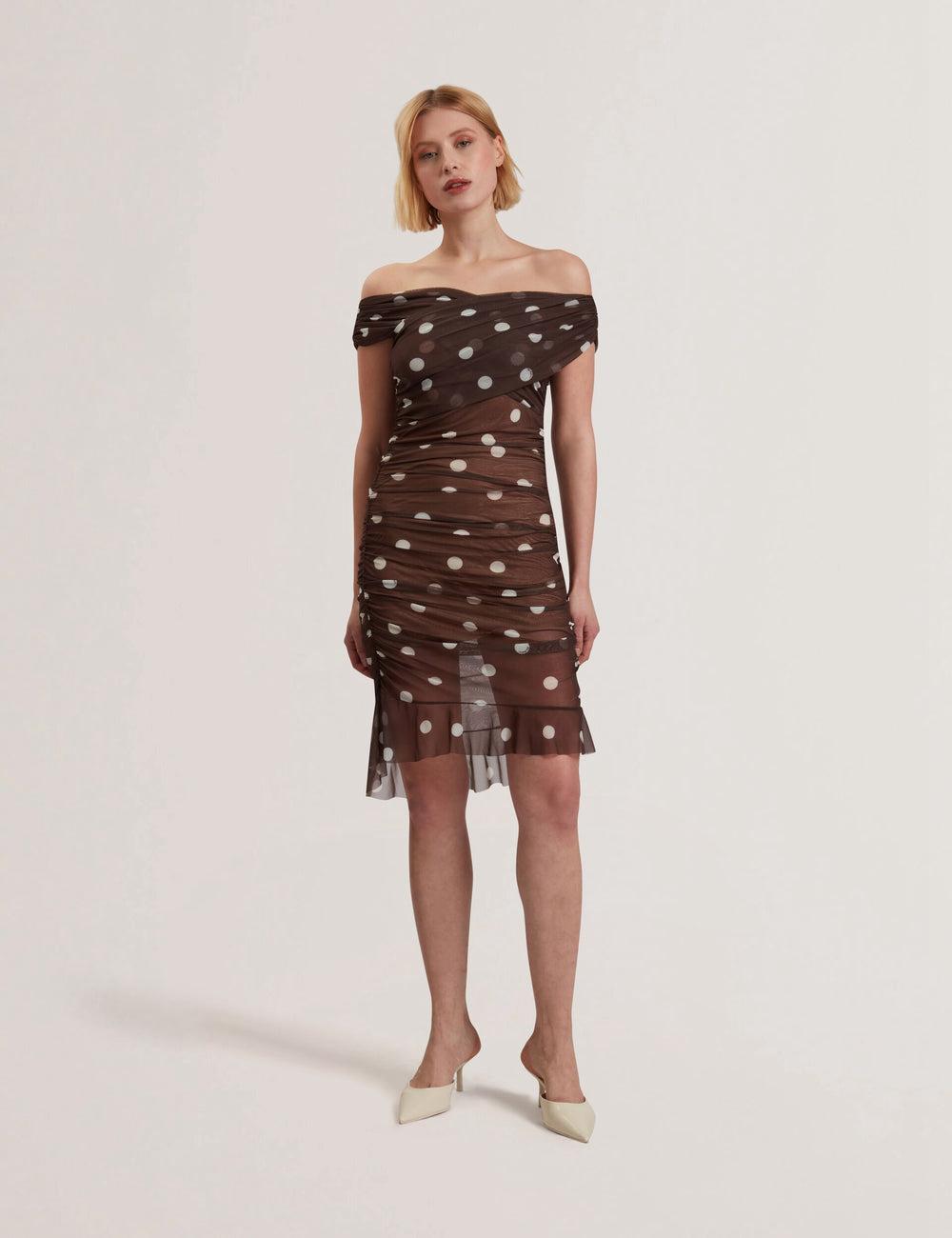Women Ted Baker TILDAHH - Off-Shoulder Polka Dot Mesh Mini Dresses Dk-Brown | India  NOLK-08493