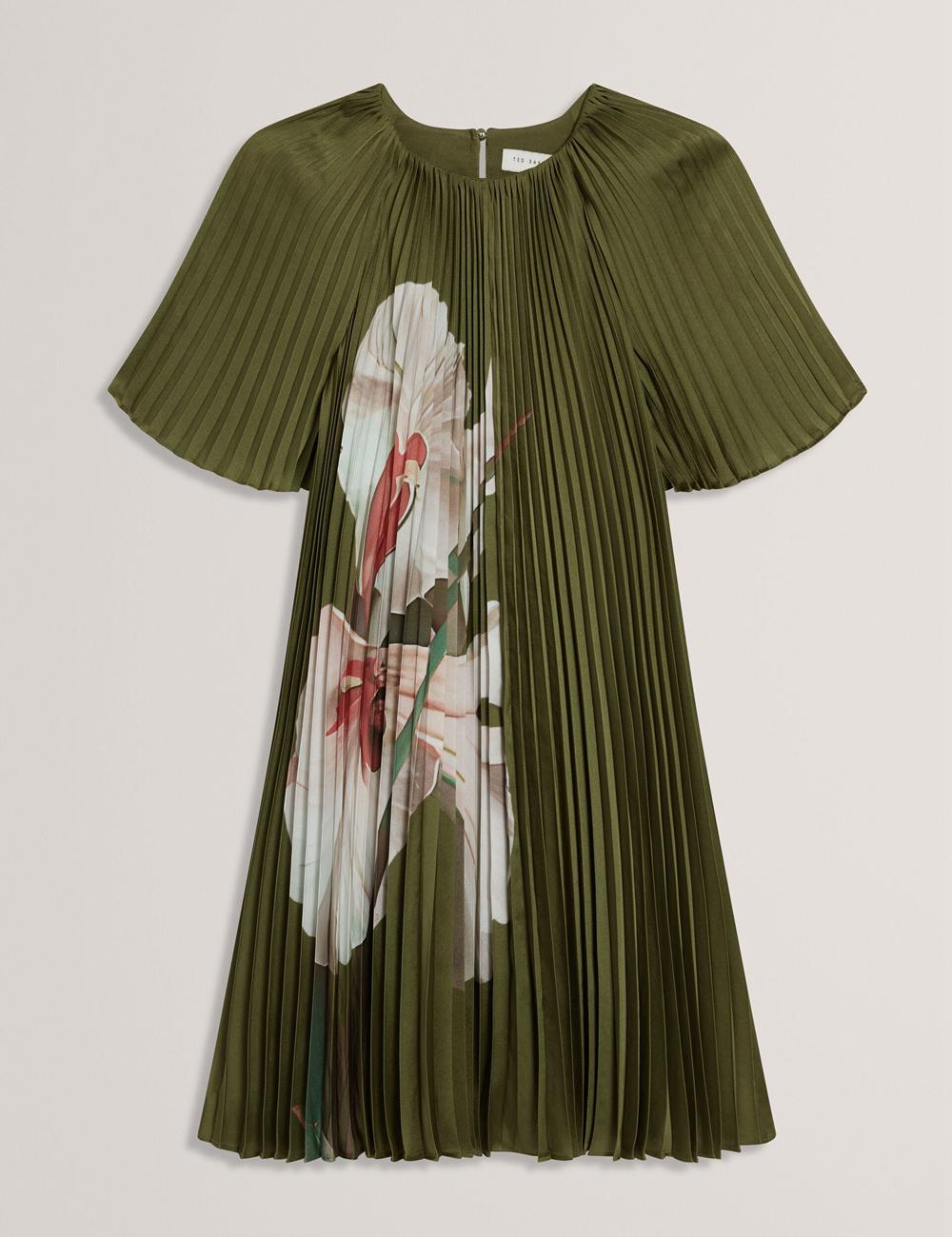 Women Ted Baker VINLAA - Floral Graphic Pleated Satin Mini Dresses Green | India  YKGC-06258