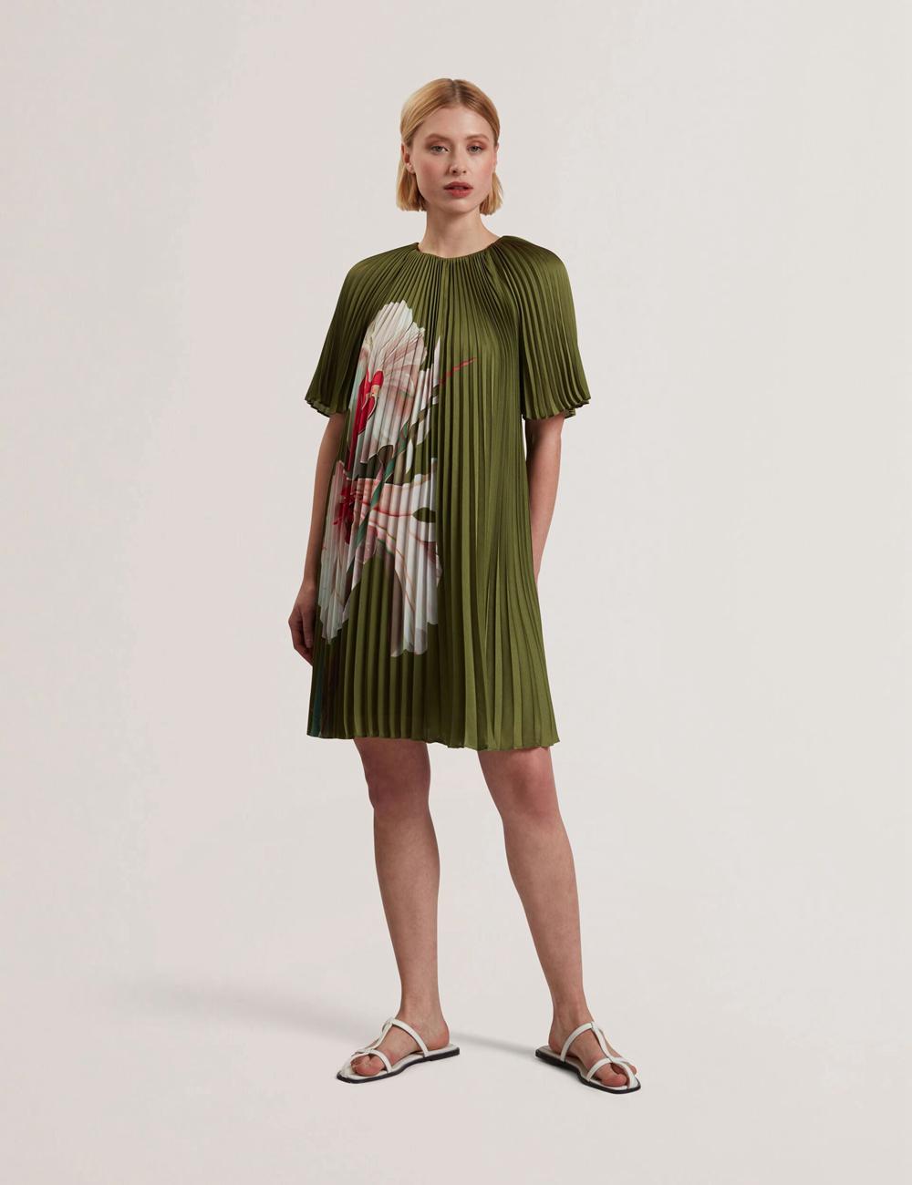 Women Ted Baker VINLAA - Floral Graphic Pleated Satin Mini Dresses Green | India  YKGC-06258