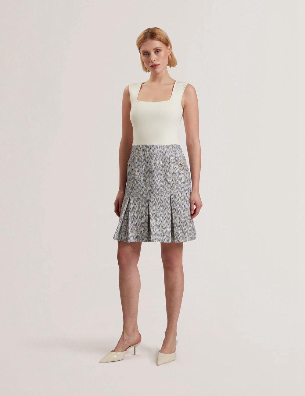 Women Ted Baker VULPAM - Sleeveless Knit Bodice Boucle Mini Dresses Lt-Blue | India  XTPW-57396