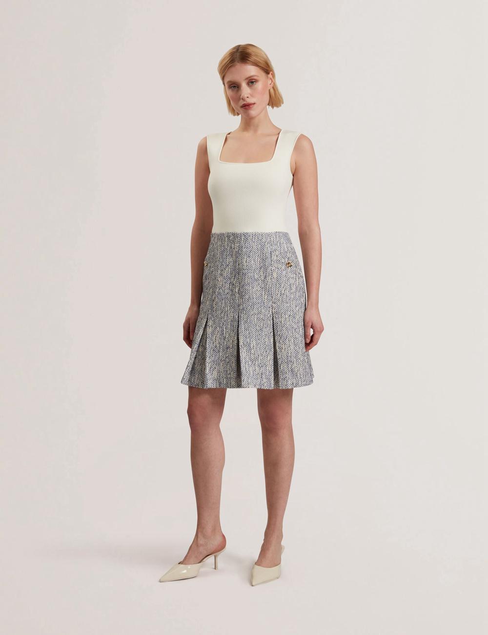 Women Ted Baker VULPAM - Sleeveless Knit Bodice Boucle Mini Dresses Lt-Blue | India  XTPW-57396