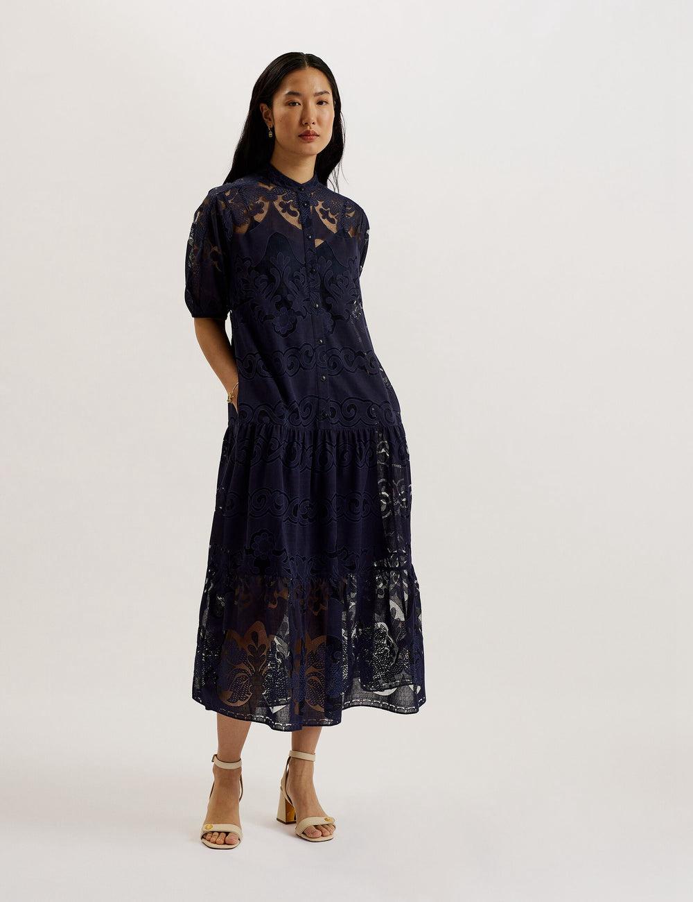 Women Ted Baker XATIVA - Lace Puff Sleeve Midi Shift Midi Dresses Dk-Blue | India  UGZM-78592