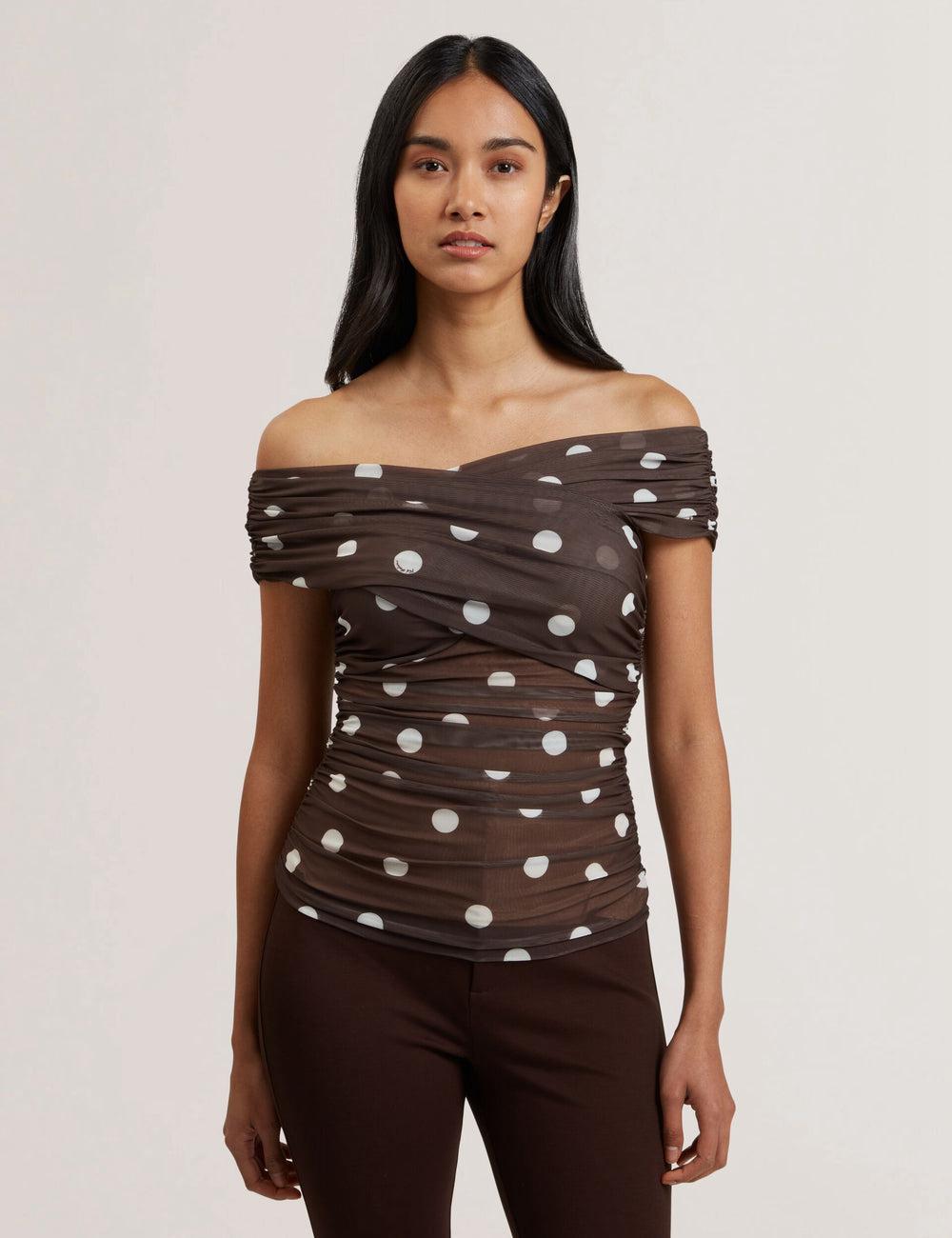 Women Ted Baker ZAAMO - Off-the-Shoulder Polka Dot Mesh Tops Dk-Brown | India  QCTW-75208