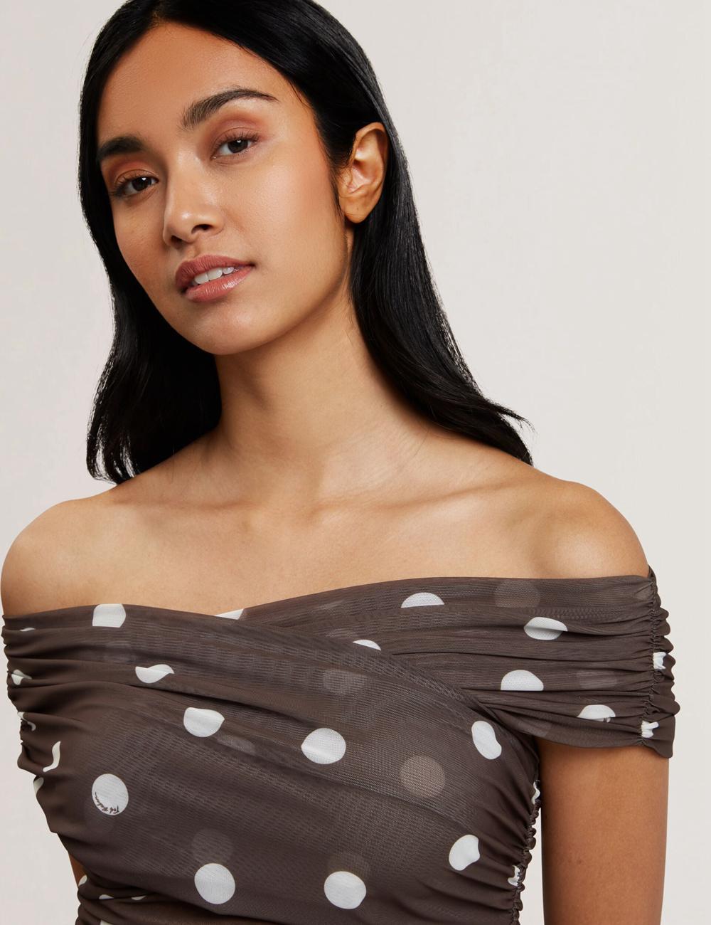Women Ted Baker ZAAMO - Off-the-Shoulder Polka Dot Mesh Tops Dk-Brown | India  QCTW-75208
