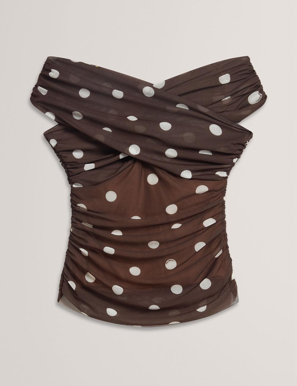 Women Ted Baker ZAAMO - Off-the-Shoulder Polka Dot Mesh Tops Dk-Brown | India  QCTW-75208