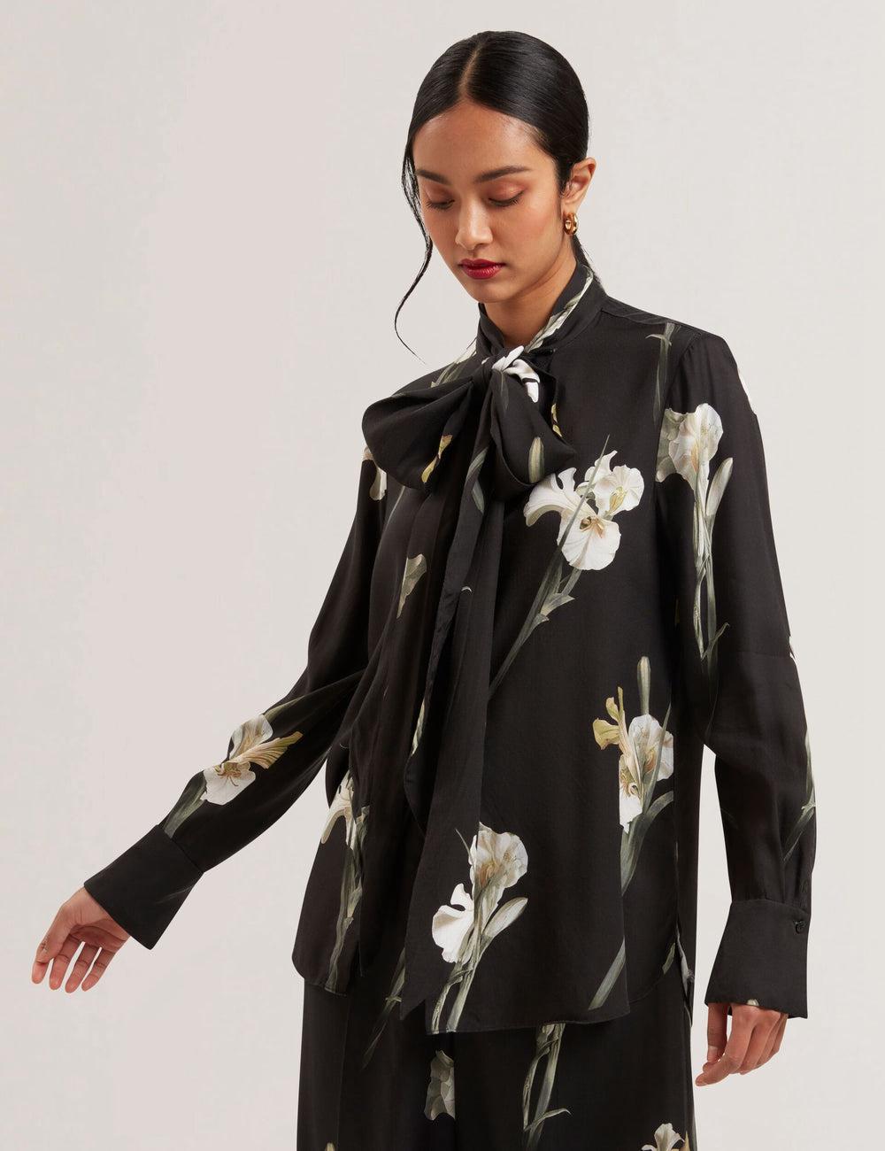 Women Ted Baker ZAKIIER - Neck Floral Print Long Sleeve Blouses Black | India  OWEI-10674