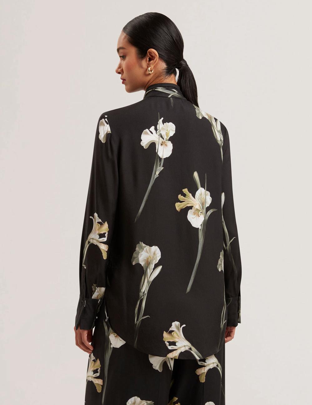 Women Ted Baker ZAKIIER - Neck Floral Print Long Sleeve Blouses Black | India  OWEI-10674