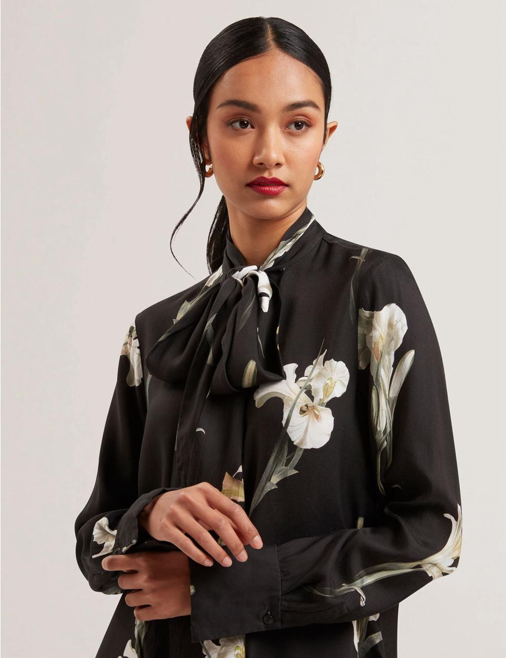 Women Ted Baker ZAKIIER - Neck Floral Print Long Sleeve Blouses Black | India  OWEI-10674