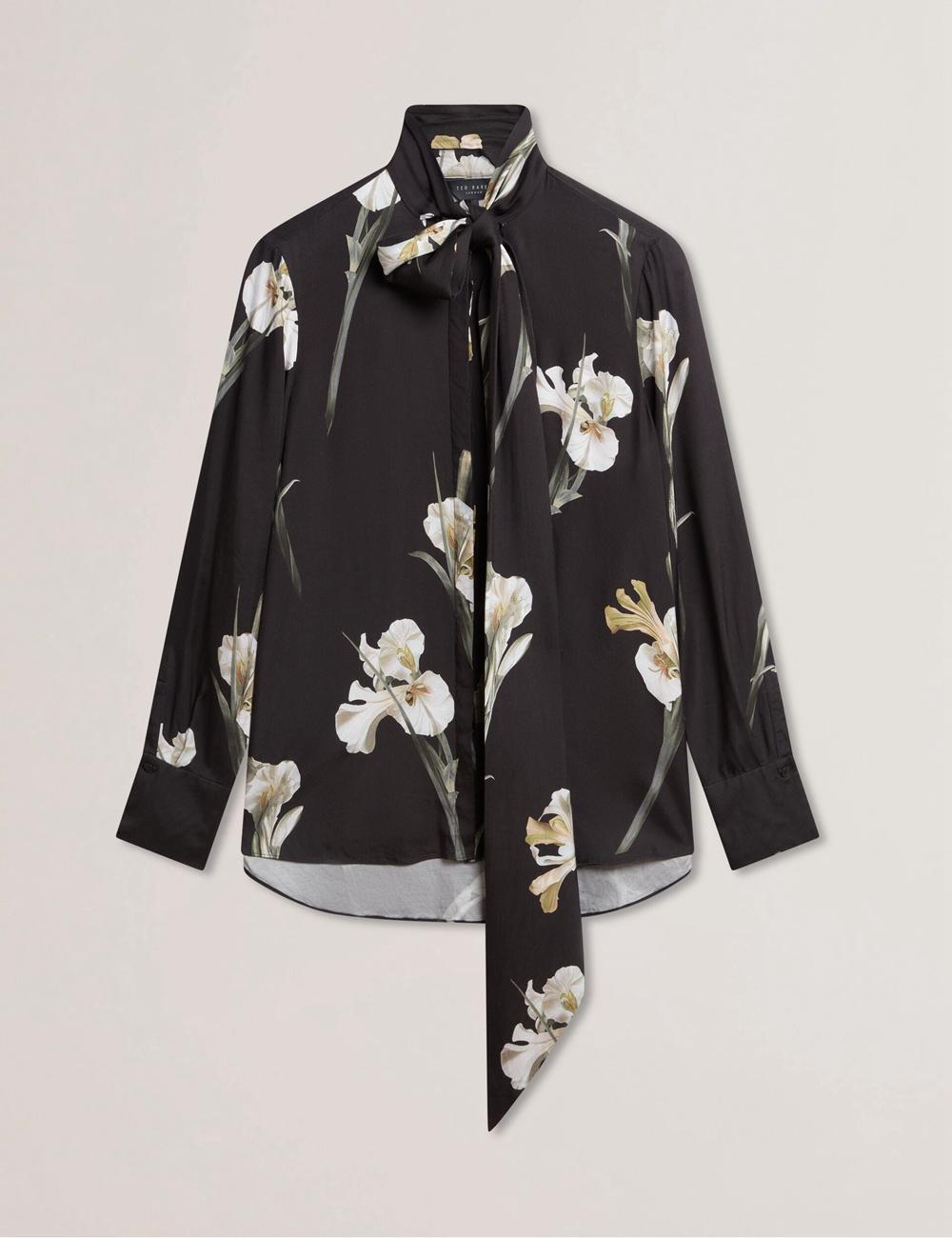 Women Ted Baker ZAKIIER - Neck Floral Print Long Sleeve Blouses Black | India  OWEI-10674